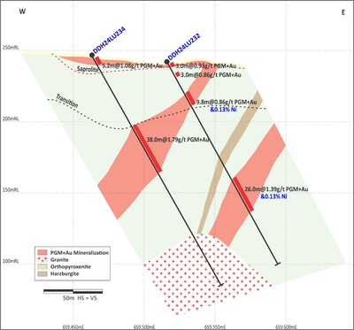 Figure 2: North Sector (Section 2 on Figure 3). Widths and grades improve significantly as  mineralization transitions to fresh rock. (CNW Group/Bravo Mining Corp.)