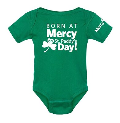 Mercy's St. Paddy's Day onesie celebrates new life and an Irish heritage of nearly 200 years.