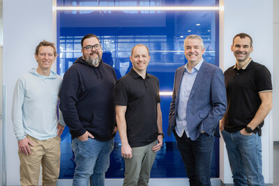 From left to right: Jean-Sbastien Darveau, president of Stratjia, Kevin Moore, president of Vooban, Pascal Girard, VP of digital solutions at Stratjia, Hugo Lachambre, VP of growth and development at Stratjia, Hugues Foltz, executive VP of Vooban. (CNW Group/Vooban)