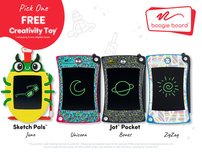 Families gearing up for eclipse travel will have the chance to snag either one free Sketch Pals™ Doodle Board (Juno the Beetle) or one limited-edition Jot™ Pocket Writing Tablet on myboogieboard.com (+shipping).