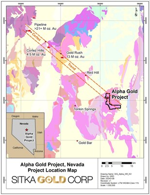 Figure 5:  Alpha Gold Property Location. The Alpha project was staked after discovering the Alpha anticline on projection and parallel to the Cortez trend with felsic dikes and Carlin-type alteration and pathfinders on the surface along its axis.  Analogous anticlines are important controls in the Pipeline, Cortez Hills, and Goldrush/Fourmile gold mines at the NNW end of the Cortez trend. (CNW Group/Sitka Gold Corp.)