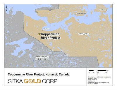Figure 9: A location map for the Coppermine River Project. The project is located 60 km south of Kugluktuk. (CNW Group/Sitka Gold Corp.)