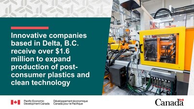 Innovative companies based in Delta, B.C. receive over $1.6 million to expand production of recycled plastics and energy monitoring technology (CNW Group/Pacific Economic Development Canada)