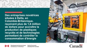 Des entreprises novatrices situées à Delta, en Colombie-Britannique, reçoivent plus de 1,6 million de dollars pour accroître la production de plastiques recyclés et de technologies permettant de contrôler la consommation d'énergie