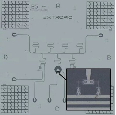 Microscope image of an Extropic chip.