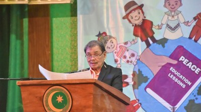 The Minister of Basic, Higher and Technical Education (MBHTE) of the Bangsamoro Autonomous Region in Muslim Mindanao (BARMM) delivers a commemorative speech at the first Bangsamoro Peace and Education Conference