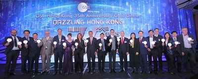 (From left to right) Ms. Anna Lin, GS1 HK’s Chief Executive Ms. Anna Lin (lady in purple dress), Ms. May Chung, Chairman of GS1 HK’s Board, Mr. Paul Chan, Financial Secretary of the HKSAR Government, Mr. Lam Sai-hung, Secretary for Transport & Logistics of the HKSAR Government, Mr. Roy Ng, Vice-Chairman of GS1 HK Board, were joined by other distinguished guests for the opening ceremony of GS1 HK’s 35th Anniversary Gala Dinner.
