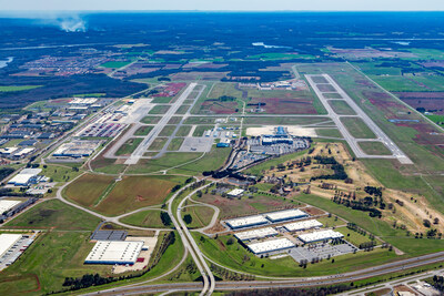 The Port of Huntsville aerial photo showing airport runways and intermodal center