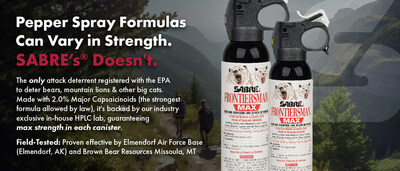 The SABRE Frontiersman MAX Bear & Mountain Lion Spray is our made-in-the-USA formula which has been rigorously field-tested, proven effective against all types of bears and predatory big cats, and solidified as the elite animal attack deterrent on the market.