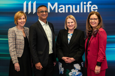 From left: Deborah Gillis, ​President and CEO, CAMH Foundation; Naveed Irshad, President and CEO, Manulife Canada; Honourable Sylvia Jones, Deputy Ontario Premier and Minister of Health; and Dr. Liisa Galea, Treliving Family Chair in Women’s Mental Health and Senior Scientist, CAMH celebrate the $1 Million donation at Manulife Global Headquarters in Toronto. (CNW Group/Manulife Financial Corporation)