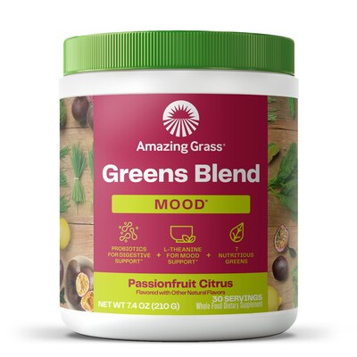 Amazing Grass introduces Greens Blend Mood to provide relaxation support with L-theanine and promote a healthy gut with probiotics.