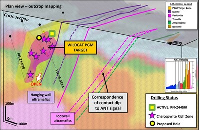 Figure 3: 3D view showing both outcrop mapping and the interpreted mineralized envelope (yellow) and semi-massive chalcopyrite core (magenta), against the Fleet ANT survey. (CNW Group/Power Nickel Inc.)