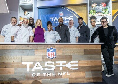 GENYOUth, a national nonprofit organization that helps ensure students are well-nourished and physically active to be their best selves, announced today that the collective impact of the Taste of the NFL philanthropic event totaled <money>$2.0 million</money>, which will benefit 1,000 schools and 550,000 students by increasing access to 148 million school meals to foster student nutrition security. Pictured (left to right) are Chef Mark Bucher, Chef Andrew Zimmern, NFL Legend Shannon Sharpe, GENYOUth CEO Ann Marie Krautheim, Chef Lasheeda Perry, NFL Legend Charles Woodson, Chef Tim Love, NFL Legend Will Blackmon, Chef Carla Hall, and MC Billy Harris.