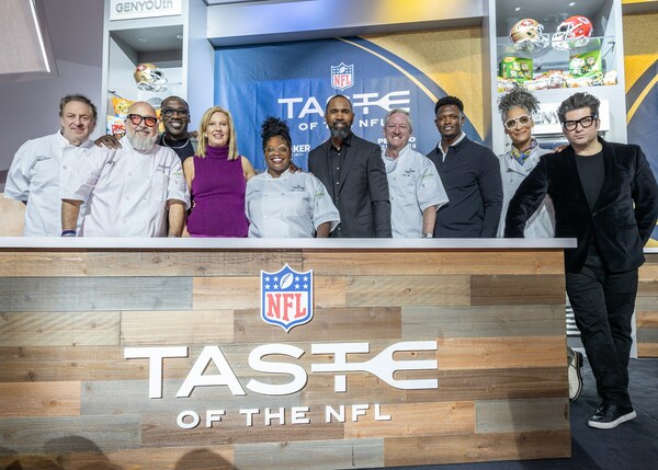 GENYOUth, a national nonprofit organization that helps ensure students are well-nourished and physically active to be their best selves, announced today that the collective impact of the Taste of the NFL philanthropic event totaled $2.0 million, which will benefit 1,000 schools and 550,000 students by increasing access to 148 million school meals to foster student nutrition security. Pictured (left to right) are Chef Mark Bucher, Chef Andrew Zimmern, NFL Legend Shannon Sharpe, GENYOUth CEO Ann Marie Krautheim, Chef Lasheeda Perry, NFL Legend Charles Woodson, Chef Tim Love, NFL Legend Will Blackmon, Chef Carla Hall, and MC Billy Harris.