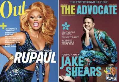 RuPaul and Jake Shears featured on the March/April 2024 covers of Out & The Advocate, the publications' first-ever flip-book edition