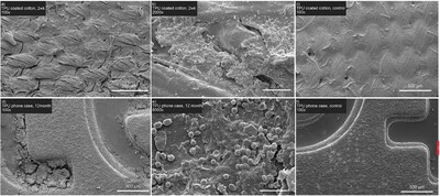 ?Microscopic image of biodegrading TPU coated fabric and a TPU phone case.