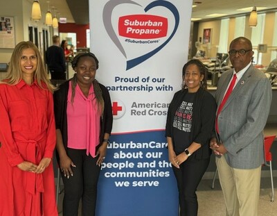 In the photo L-R: Nandini Sankara, Spokesperson, Suburban Propane; Beverly Chukwudozie, a sickle cell patient; TaLana Hughes, Executive Director of the Sickle Cell Disease Association of Illinois (SCDAI); Mark Thomas, the interim CEO of the Red Cross of Illinois, speak at the Chicago blood drive promoting sickle cell disease awareness. The effort is part of Suburban Propane's SuburbanCares® initiative in communities across the nation. (Photo courtesy of Suburban Propane).