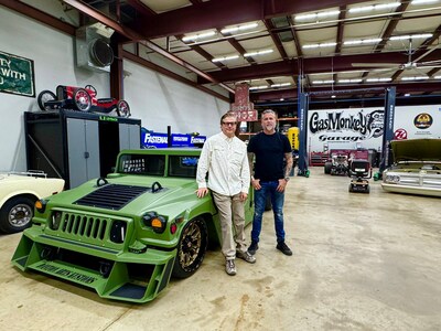 Left to right: John Claye Wolfe, Founder/President of GIVE ME THE VIN and nationally syndicated radio host of "The John Clay Wolfe Show"; Richard Rawlings, Owner/Founder of Gas Monkey Garage and media personality and the 6x6 Hellcat customized Humvee that sold for $825,000 at Barrett-Jackson Auction.