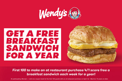 In celebration of April Fools’ Day, Tampa, Orlando, Miami and West Palm Beach Wendy’s fans can receive a coupon card to redeem a FREE Wendy’s Breakfast Sandwich weekly for one year.