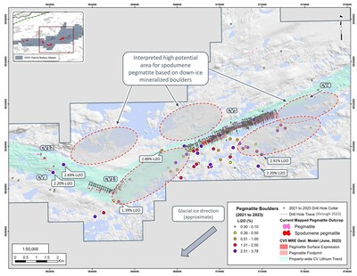 Figure 4: Interpreted high-potential areas for at or near-surface spodumene pegmatite based on down-ice mineralized boulders. (CNW Group/Patriot Battery Metals Inc)