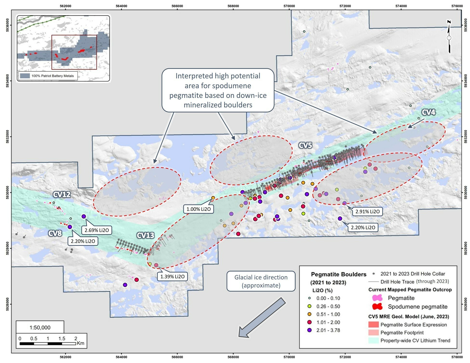 Figure 4: Interpreted high-potential areas for at or near-surface spodumene pegmatite based on down-ice mineralized boulders. (CNW Group/Patriot Battery Metals Inc)