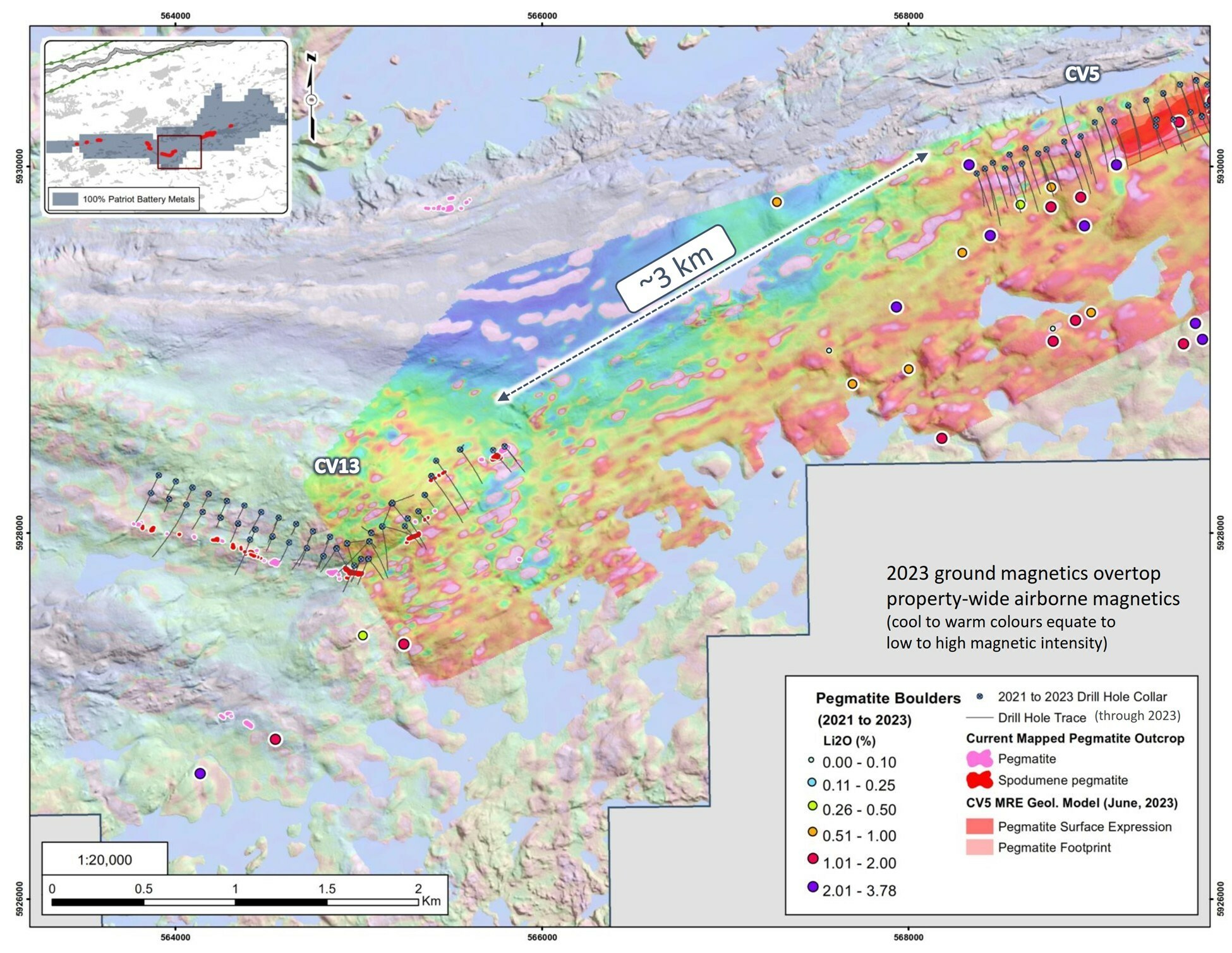 Figure 6: 2023 ground magnetic data presented atop property-wide airborne magnetic data, highlighting local trends along the CV5 to CV13 corridor (cool to colours = lows to high magnetic intensity). (CNW Group/Patriot Battery Metals Inc)