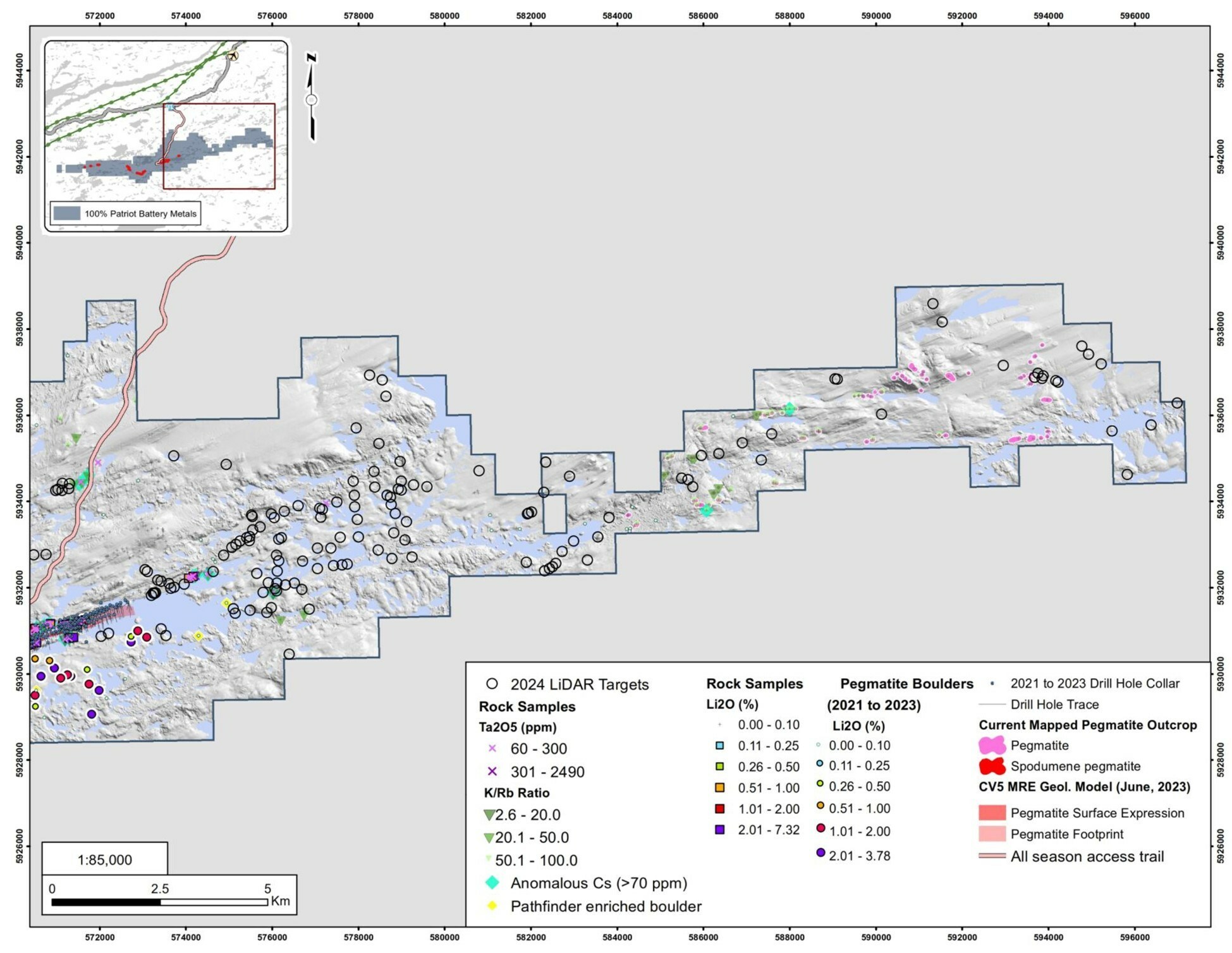 Figure 7: 2023 exploration summary of the Corvette East claim block. (CNW Group/Patriot Battery Metals Inc)