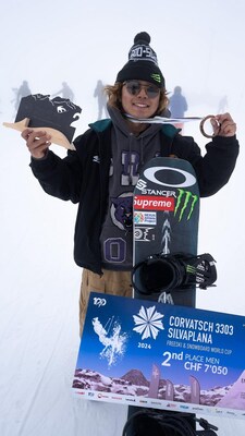 Monster Energy's Japanese Team Rider Taiga Hasegawa Claims Second Place in Men’s Snowboard Slopestyle at the 2024 FIS World Cup in Silvaplana, Switzerland.