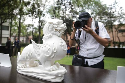 Photo shows a Dehua white porcelain exhibit displayed at the promotion event for "BLANC de CHINE - Porcelain from Dehua" international itinerant exhibition in Mexico City, Mexico on March 19, 2024. (Photo by Francisco Caedo)