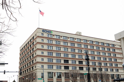 The Echo Global Logistics logo now sits proudly atop the historic 600 W Chicago building.