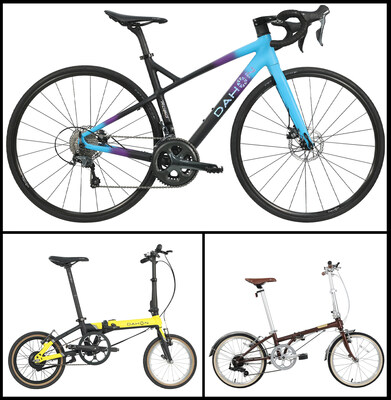 The range of products featuring 'V Tech': 700C Wheel Road Bike (Top), K-Feather E-bike (Bottom Left), BOARDWALK D7 (Bottom Right) (PRNewsfoto/DAHON)
