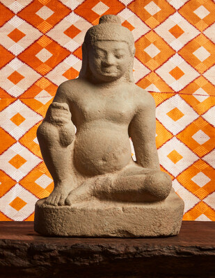 Lot 1017: A buff sandstone figure of Kubera. 5th/6th century; Óc Eo Region, Vietnam. 18.5" H x 12.25" W x 8.5" D est. $20,000-30,000. Óc Eo was part of the Funan kingdom that flourished in the Mekong Delta between the first and sixth centuries. By the third or fourth century, a 43-mile-long road connected Óc Eo to Angkor Borei, situating it between the flourishing Khmer Empire, and important international maritime trade routes accessible by the Mekong River.