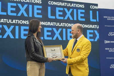 Nice, France: Lexie Alford (@LexieLimitless) receives official recognition from RecordSetter for being the first person to circumnavigate the globe in an electric vehicle, using the new all-electric Ford Explorer