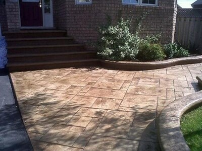 Stamped concrete patio installation, Colored concrete patio installation