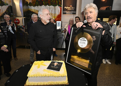 Music icon Tony Orlando celebrates with Tom Cantone, Senior Vice President of Sports & Entertainment at Mohegan before his final performance at the Mohegan Sun Arena on March 22, 2024