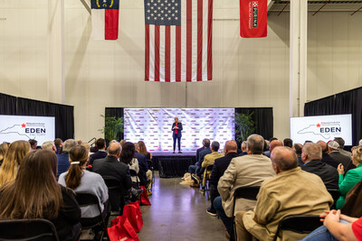 Purina CEO Nina Leigh Krueger addresses the crowd at the grand opening celebration of the company's newest pet food factory in Eden, North Carolina