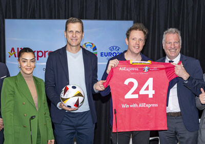 (From left to right) Valentina Maceri, event host; Oliver Bierhoff, Football Legend & Entrepreneur Global Sports Business; Gary Topp, European Commercial Director, AliExpress; Guy-Laurent Epstein, Marketing Director, UEFA celebrate the partnership AliExpress x UEFA EURO 2024