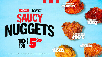 KFC se pone picante y lleva sus nuggets de pollo a un nivel completamente nuevo con los NUEVOS Saucy Nuggets, con cinco sabores disponibles a partir del 1ro de abril en los restaurantes de KFC en todo el país. Elige entre salsas nuevas como Honey Sriracha, Korean BBQ y Sticky Chicky Sweet ‘n Sour Sauce, y dos de las favoritas de los fans, Nashville Hot y Georgia Gold. Por solo $5.99, los amantes de las salsas pueden obtener 10 piezas de los nuevos Saucy Nuggets de KFC en los restaurantes participantes.