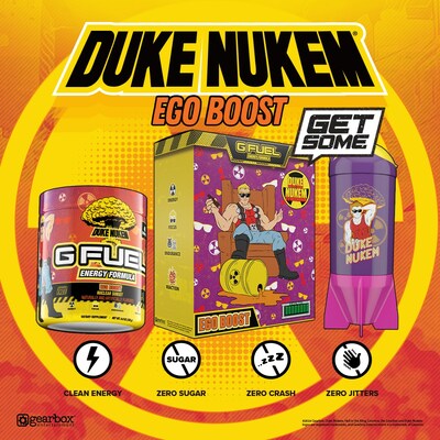 G FUEL x Duke Nukem Ego Boost, a new zero-sugar Energy Formula, is now available at GFUEL.com.