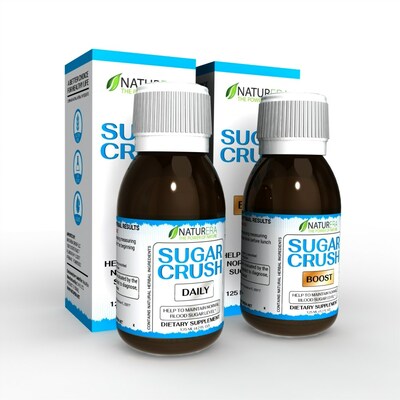 Product image of NaturEra's Sugar Crush Combo, showing two brown bottles with white caps labeled 'Sugar Crush Daily' and 'Sugar Crush Boost' next to their respective blue and white boxes, highlighting the brand's commitment to maintaining normal blood sugar levels through natural dietary supplements.