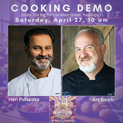 James Beard nominated and awarded chefs HAri Pulapaka and Art Smith headline the culinary presentations, denstrations and competitions at the 2024 Hastings Cabbage, Potato and Backn Festival.