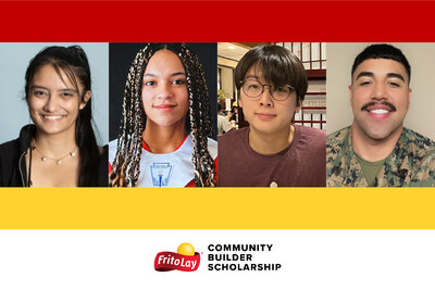 L to R: Mehar Bhasin (Lakeville, Conn.), Jaelyn Hardaway (San Antonio), Caleb Oh (Gambrills, Md.) and Sgt. Ramon Perez (New Rochelle, N.Y.) were identified as Frito-Lay's First-Ever Community Builder Scholarship winners, each receiving $25,000 to further their higher-education goals.
