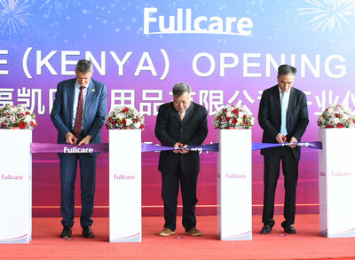 FullCare's new medical garment facility at Tatu City was inaugurated at a ribbon-cutting ceremony graced by China Embassy MinisterCounsellor Mr. Zhang (centre); Founder of FullCare Medical, Lu Jianguo (right); and Rendeavour Founder & CEO Stephen Jennings (left).