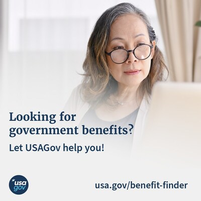 Woman wearing eye glasses looking at a computer with text on graphic "Looking for government benefits? Let USAGov help you!"