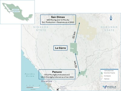 Figure 1: Location map of the La Garra-Metates District, Panuco Project and San Dimas District. (CNW Group/Vizsla Silver Corp.)