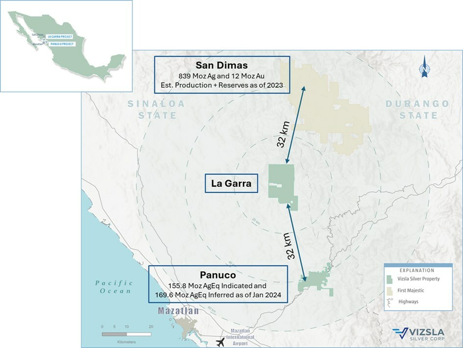 Figure 1: Location map of the La Garra-Metates District, Panuco Project and San Dimas District. (CNW Group/Vizsla Silver Corp.) Figure 1: Location map of the La Garra-Metates District, Panuco Project and San Dimas District. (CNW Group/Vizsla Silver Corp.)