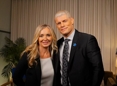 Leslie Motter, president and CEO of Make-A-Wish America, left, and WWE Superstar Cody Rhodes, right, at WishMakers Wanted campaign launch on Thursday, Mar. 28, 2024.