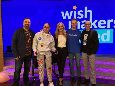 (L-R) Impractical Jokers: Brian "Q" Quinn, wish kid Jordan V, Leslie Motter, president and CEO of Make-A-Wish America, wish kid Zachary M., Impractical Jokers: James "Murr" Murray, at WishMakers Wanted campaign launch on Thursday, Mar. 28, 2024.
