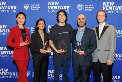 The winners and runners up at the 2024 New Venture Competition (L-R): Social Enterprise Track runner up Trans Health HQ (Ivan Hsiao, MPH 2024), Social Enterprise Track winner Solara (Rea Savla, MBA 2024), Student Business Track winner Crop Diagnostix (Brandon Chi, MBA 2024), and Student Business Track runner up Sanso (Narek Dshkhunyan, MBA 2024, and Daniel Erdosy). Photo courtesy Russ Campbell.