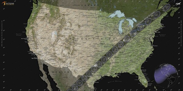 The April 8, 2024, solar eclipse will be visible in the entire contiguous United States, weather permitting. People along the path of totality stretching from Texas to Maine will have the chance to see a total solar eclipse; outside this path, a partial solar eclipse will be visible. Credits: NASA